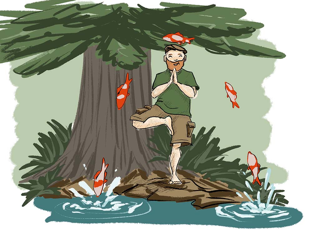a cartoon of a man doing a yoga pose under a giant tree while fish leap into the air